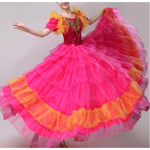 Flamenco dress Women's girls red pink petals stage performance spanish bull dance ballroom dancing dresses